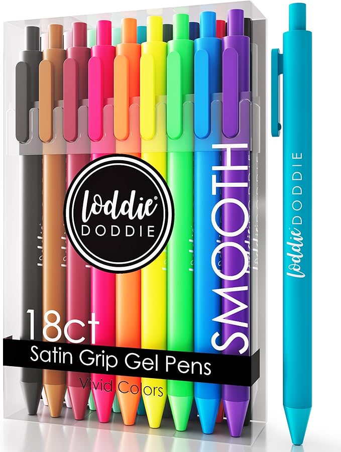 Loddie Doddie Retractable Gel Pens with Satin Barrel - Fine Point - 18 Bright Color Pens for Bullet Style Journals, Notebooks, Planners, Calendars, Notes & Drawing, Use at Home, Office, School, Crafts