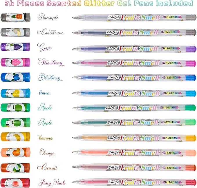 Spakon 36 Pcs Scented Glitter Gel Pens for Kids, Cute Coloring Smooth Writing Gel Pens for Kids Christmas Stocking Stuffers Gifts Arts Crafts Stationary Supplies(Fruit Style)