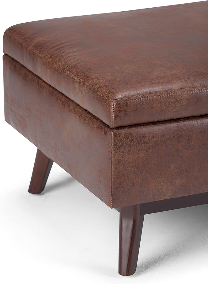 SIMPLIHOME Owen Coffee Table Storage Ottoman - 34 inch Wide Upholstered Vegan Leather Rectangular Lift-Top Ottoman in Distressed Saddle Brown, Mid-Century Bench for Living Room with Tapered Legs