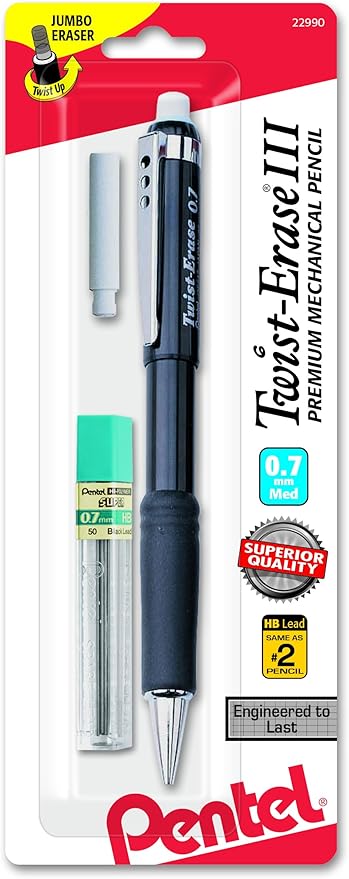 Pentel Twist-Erase III Mechanical Pencil, (0.7mm) Medium Line, with Lead and Eraser Refills (QE517LEBP)