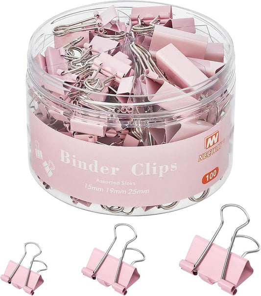NEEWAY 100 Count Binder Clips Assorted Sizes, Paper Binder Clips (0.6inch 0.75inch 1inch), Metal Paper Clamps for Office and Home (Pink)