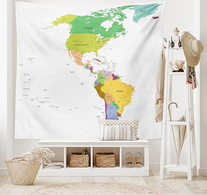Ambesonne Map Tapestry, Map of South and North America with Countries Capitals and Major Cities Colorful Design, Fabric Wall Hanging Decor for Bedroom Living Room Dorm, 45" X 30", Green White