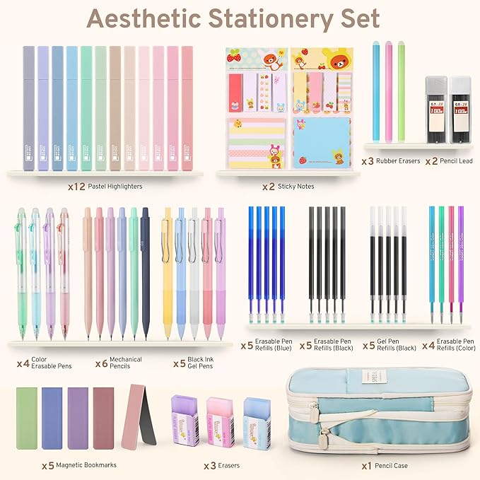 62PCS Aesthetic Stationery Set with Pencil Case, No Bleed Highlighters, Gel & Erasable Pens, Mechanical Pencils, Refills, Cute Supplies for Note Taking, Journaling & Bible Study, Blue