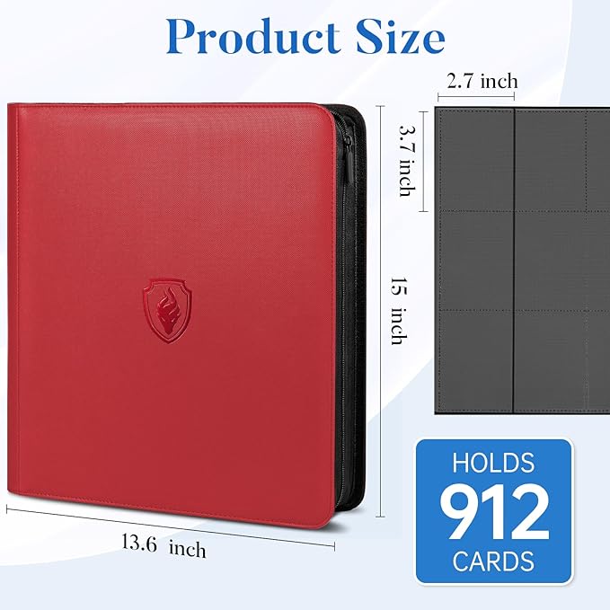 Premium Zip Card Binder 12 Pocket, Fabmaker 912 Pockets Trading Card Binder, PU Zipper Card Collection Album, Sturdy Side-Loading Card Book Holder for Game & Sports Cards, Red