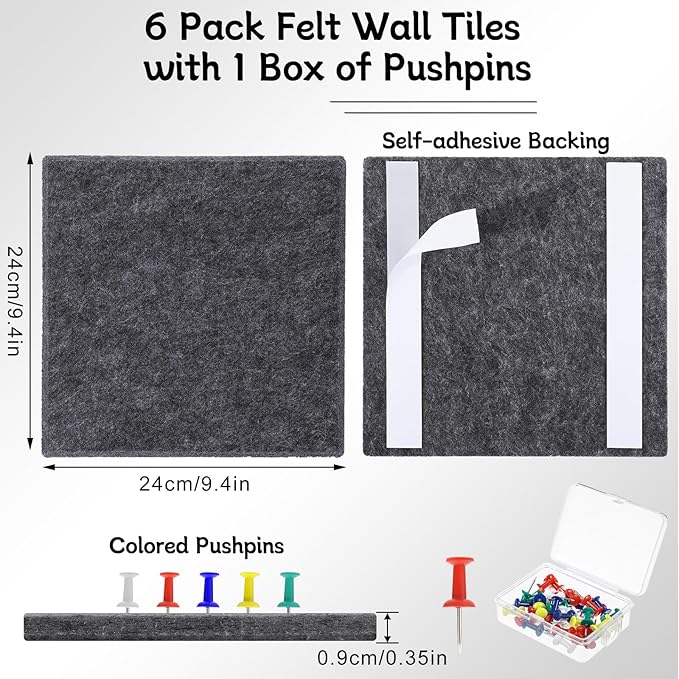 Large Cork Board 28" x 19", 6 Pack Felt Bulletin Board with Pushpins, Cork Boards Alternative with Self-Adhesive Strips, Felt Wall Tiles Pin Boards for Walls Office Home School Decor-Dark Gray