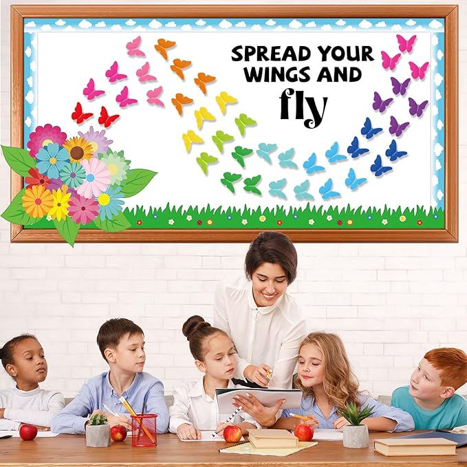 Spring Butterfly Flower Bulletin Board Set Spread Your Wings and Fly Classroom Bulletin Board Decors Colorful 3D Butterflies Name Tags for Back to School Office Home Chalkboard Wall Door Supplies