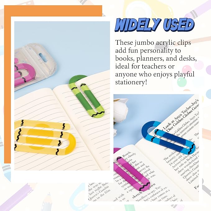 48 Pack Jumbo Acrylic Paper Clips, 4" X 2" 24Pcs Teacher Paper Clips with 24Pcs Gift Bags Personalized Paperclips Bookmark for Home Office Back to School Supplies (Crayon)