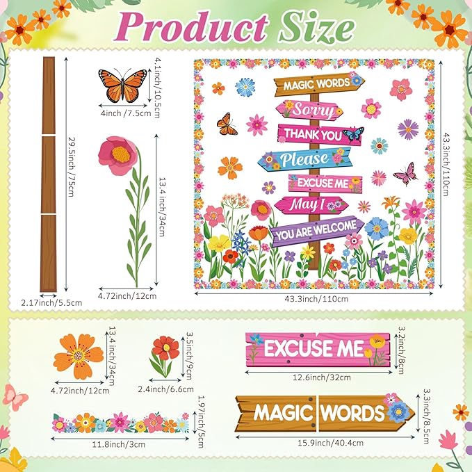 Epakh Spring Bulletin Board Decorations Set Spring Flowers Classroom Decor Flower Butterfly Accents Signpost Paper Cutouts for Door Wall Butterfly Floral Theme Party Supplies