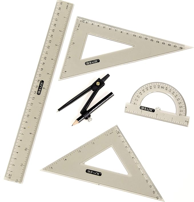 BAZIC Math Geometry Set 5 Pieces, Compass, Protractor, Ruler, 2 Triangle Rulers, Plastic Clear Measuring Sets for Students Professional, 1-Pack