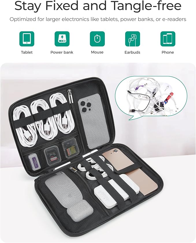 BAGSMART Electronics Travel Organizer Case for 10.2 Inch Tablets, Tech Pouch Essentials for Power Bank, SD Cards, Cord and Cable Storage Bag, Grey