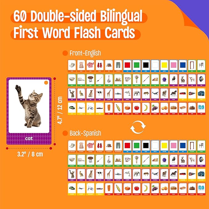 60 English Spanish Flash Cards, Double-Sided Nouns Cards Bilingual Sight Words - Animals, Colors, Food, Vehicles Cards, Language Vocabulary Learning Tool for Beginners 5+ with 2 Reclosable Rings