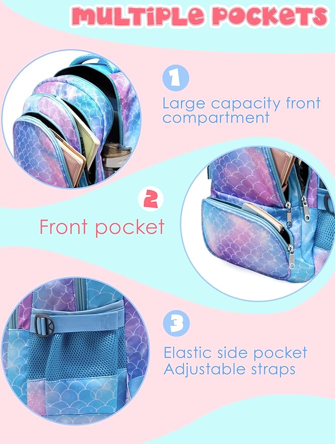BLUEFAIRY Girls Mermaid Backpack Set with Lunch Box - Lightweight School Bookbag for Kids Aged 4-8