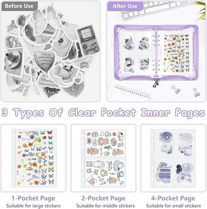 Sticker Organizer Binder - Reusable Sticker Collecting Book Storage Album Holder with Pocket Pages A5 Zipper Cover Collection Container (Purple)