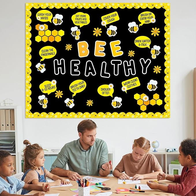 Bee Bulletin Board Decorations Set Spring Beneficial Habits Bulletin Board Bee Healthy Daisy Paper Cutouts for Classroom Back to School Home Office Teacher Chalkboard Wall Door Decor Supplies