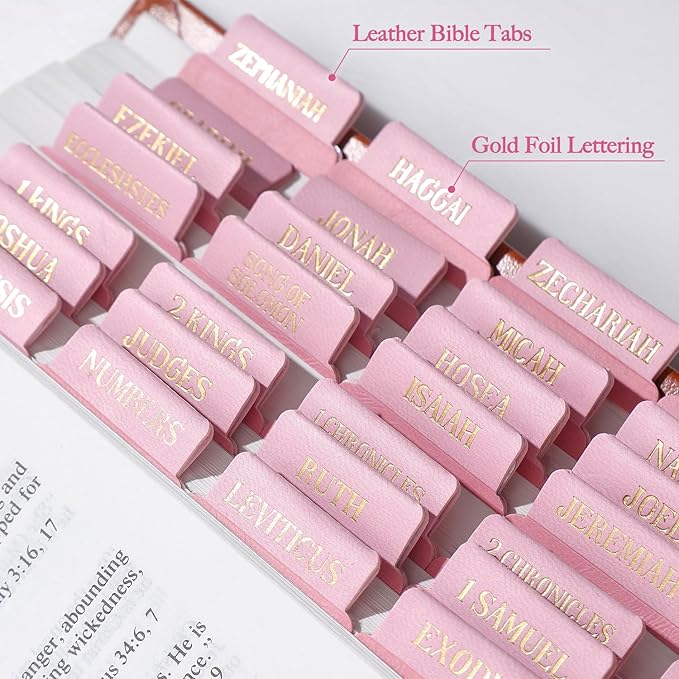 Leather Bible Tabs, Bible Tabs for Women and Men(Gold Foil Lettering) Large Print Stickers, Easy to Read and Apply, 66 Chapters & 14 Blank DIY Labels for Easy Navigation, Christian Accessories(Pink)