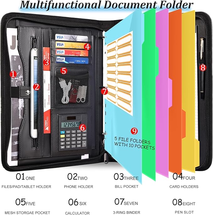 Eshow Portfolio Organizer - 3 Ring Binder with Zipper, Vegan Leather Business Padfolio Folder with Notepad Includes 5 Colorful Sheet Protectors for Documents Files for Women