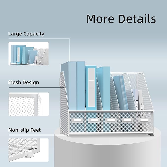 SUPEASY Desk Organizers Metal Desk Magazine File Holder with 5 Vertical Compartments Rack File Organizer for Office Desktop, Home Workspace, White