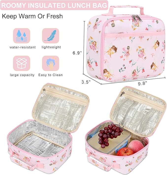 DSIUE Kids Backpack for Girls Elementary BookBags Teens School Backpack with Lunch Box Flower Fairy Beige