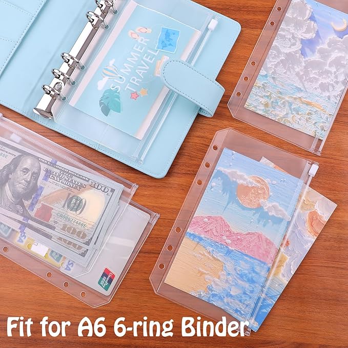 Antner 12pcs A6 Size Binder Pockets 6 Holes Budget Cash Envelopes for Budgeting, Clear Zipper Folders Loose Leaf Bags for A6 6-Ring Budget Binder, Waterproof PVC Document Pouch Filing Bags (Pack of 2)