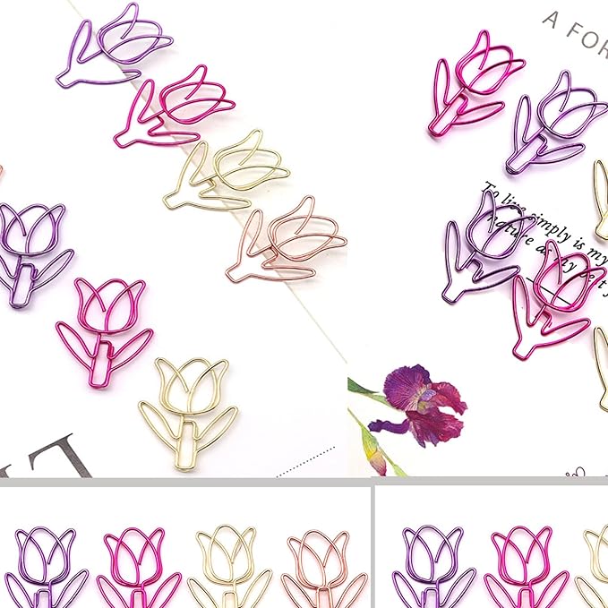 20 Pcs Metal Flower Paper Clips Set - Cute Large Decorative Paperclips for File Organization, School, Home Office and Wedding Decor 4 Colors (TULIPFLOWER)