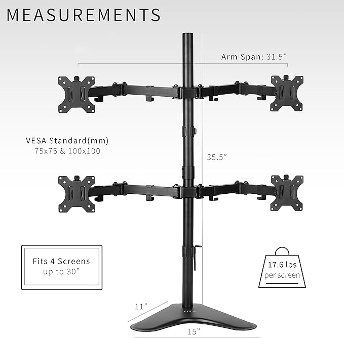 VIVO Quad 13 to 30 inch Monitor Free-Standing Mount, Fully Adjustable Desk Stand, Holds 4 Flat or Curved Display Screens, STAND-V004F