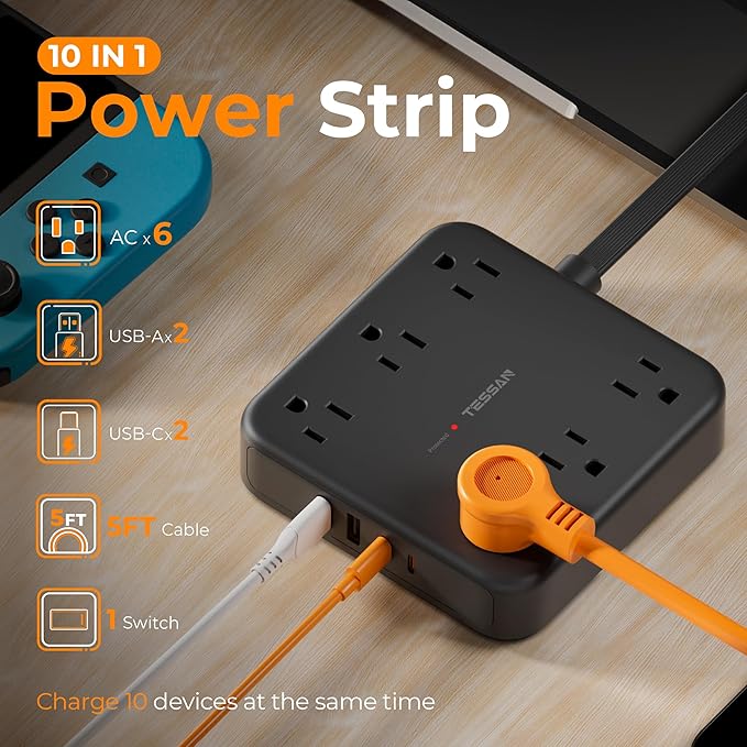 TESSAN Black Extension Cord with Fast Charger, Surge Protector Power Strip with 6 Outlets and 4 USB Ports (2 USB C), 2100 Joules Protection, Flat Plug, Multi Outlet Extender for Home, Office, Dorm