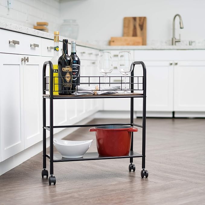 IRIS USA 2-Tier Kitchen Storage Rolling Cart with Lockable Caster Wheels, Coffee Station, Pantry Rack, Home Bar, Serving Cart, Slim, Rustic Brown