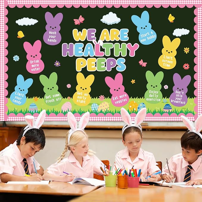 Easter Health Bulletin Board Set Easter Health Habits Classroom Decoration Spring Bunny Rabbit Good Habit Paper Cutouts Spring Classroom Decoration for Spring School Chalkboard Wall Decor Supplies