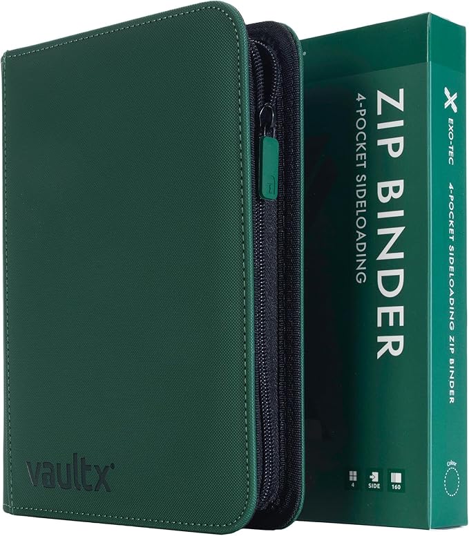 Vault X 4 Pocket Trading Card Zip Binder, 160 cards, Premium Exo-Tec Album Material, 20 Side-Loading Pages, Folder for Collectible Card Games, Sports, TCG (Green)