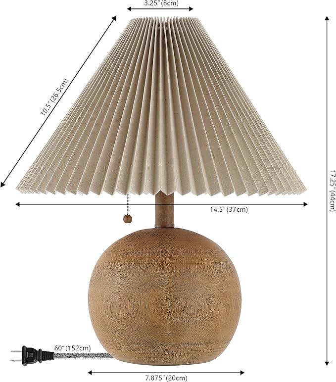JONATHAN Y 17.25" Brown Wood Finish Sphere Table Lamp, Mid-Century Bedside Nightstand with Beige Pleated Linen Shade, Scandinavian Coastal Style, LED Bulb Included JYL1145A