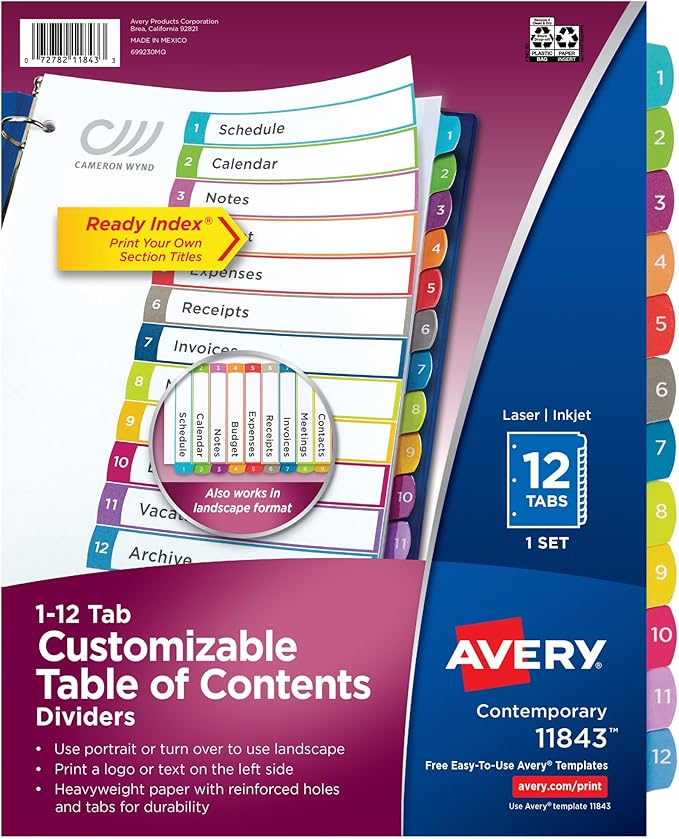 Avery Dividers for 3 Ring Binders, 12 Tabs per Set, Customizable Table of Contents, Multicolor Arched Tabs, Great for Organizing Reports, Projects, and More (11843)