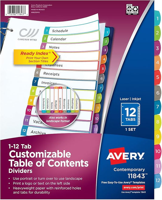 Avery Dividers for 3 Ring Binders, 12 Tabs per Set, Customizable Table of Contents, Multicolor Arched Tabs, Great for Organizing Reports, Projects, and More (11843)