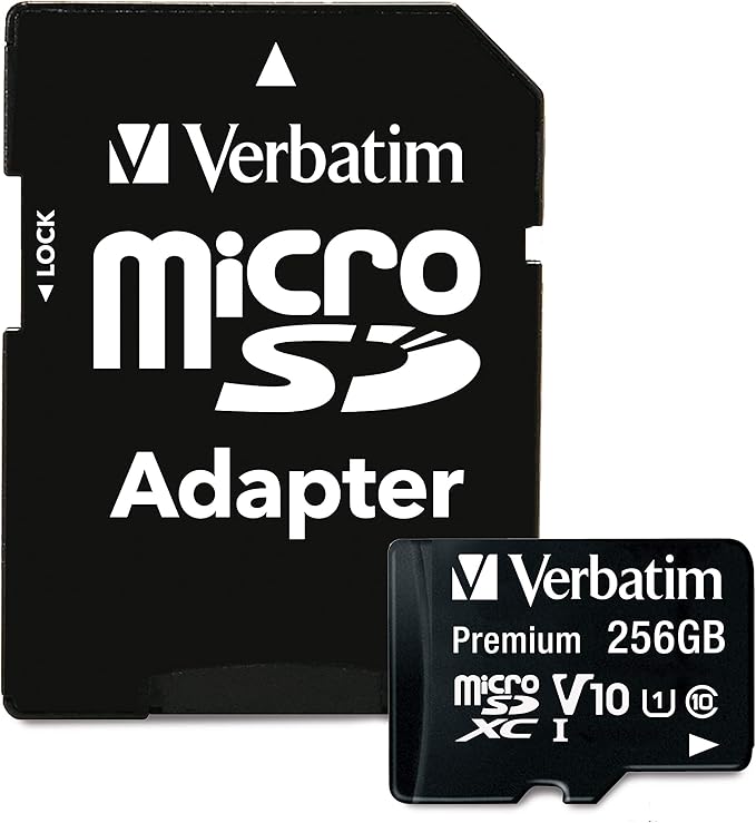 Verbatim 256GB Premium microSDXC Memory Card with Adapter UHS-I V10 Class 10 Supports Full HD (1080p) U1 Speed Rated Up to 100MB/s Read Speed