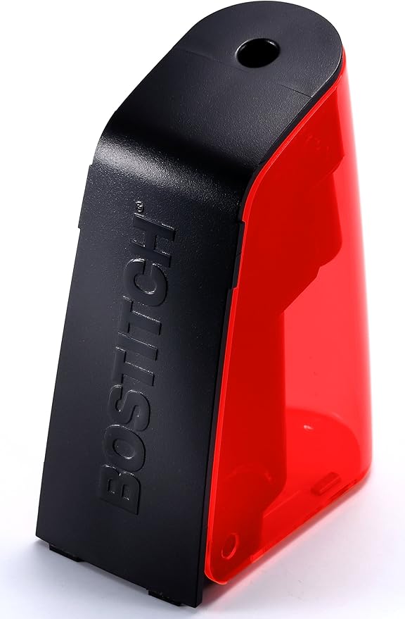 Bostitch Office Battery Powered Pencil Sharpener, Portable, Hinged Tray, Colored Pencil Compatible, Fits In Backpack & Most Pencil Cases, Red