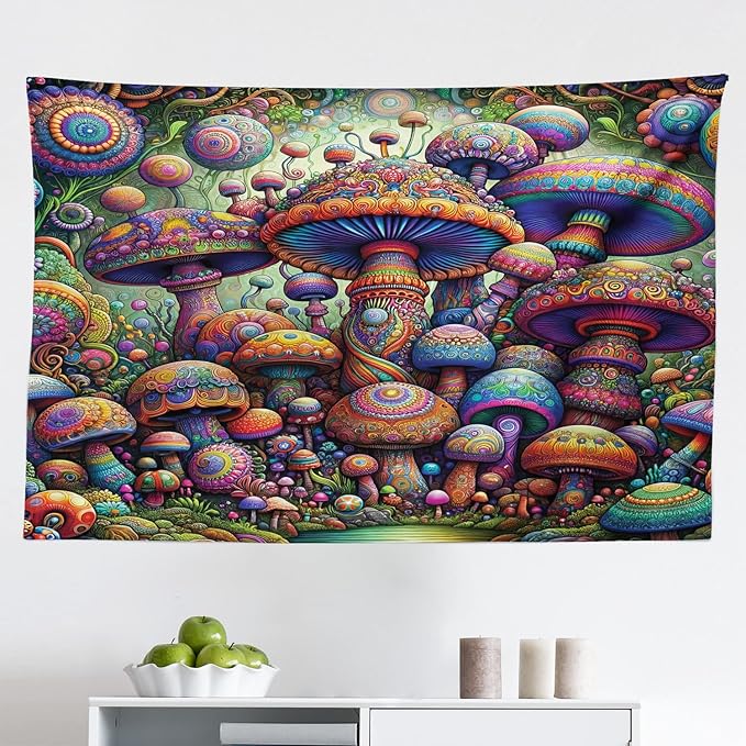 Ambesonne Mushroom Tapestry, Art Trippy Jungle with Colorful Huddles of Oriental Motifs Outer World Psychedelic, Fabric Wall Hanging Decor for Bedroom Living Room Dorm, 45" X 30", Multicolor