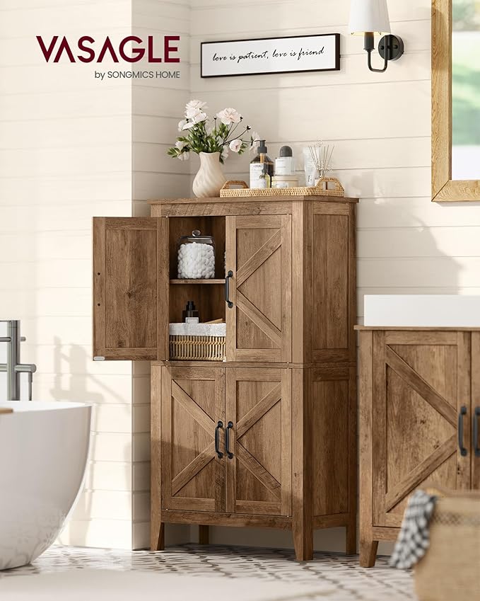 VASAGLE LIRY Collection - Farmhouse Storage Cabinet, Bathroom Floor Cabinet with Barn Doors, Freestanding Kitchen Pantry, Adjustable Shelves, for Dining Room, Living Room, Honey Brown, UBBK773K01