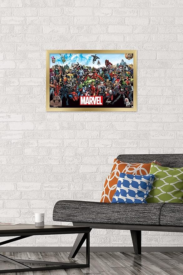 Marvel Comics The Marvel Lineup Wall Poster, 22.4L" x 14.7W", Gold Framed Version