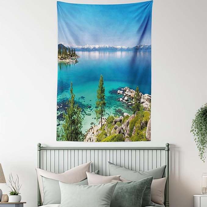 Ambesonne Blue Tapestry Queen Size, Tranquil View of Lake Tahoe Sierra Pines on Rocks with Turquoise Waters Shoreline, Wall Hanging Bedspread Bed Cover Wall Decor, 88" X 88", Blue Grey Green