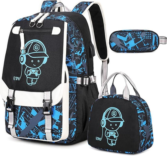 Bevalsa Backpack for Boys, Cool Luminous Backpacks with Lunch Box & Pen Case, School Bags for Kids, Bookbag for Children Teens for Elementary Middle School Student with USB Charging Port (Music)
