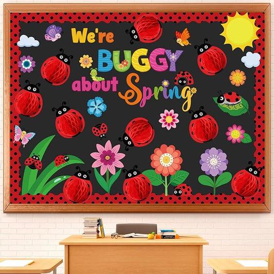 Pajean 73 Pcs 3D Spring Bulletin Board Decorations with Ladybug Honeycomb Spring Bulletin Board Set Colorful Flowers Floral Cutouts for Holiday School Office Home Nursery Wall Decor Supplies