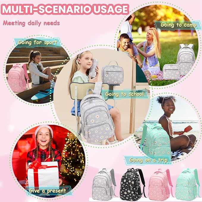 YJMKOI 3Pcs Daisy Prints Backpack for Girls Middle-School Elementary Students Bookbag Set with Lunch Box (Pink)