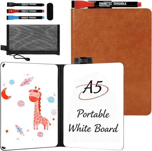 A5 Portable White Board Dry Erase Notebook, PU Leather Shell Double Sided Folding Whiteboards with 3 Pens, 8.4" x 6" Mini Dry Erase Board for Study, Meeting, Planning,doodling,Gift for Child