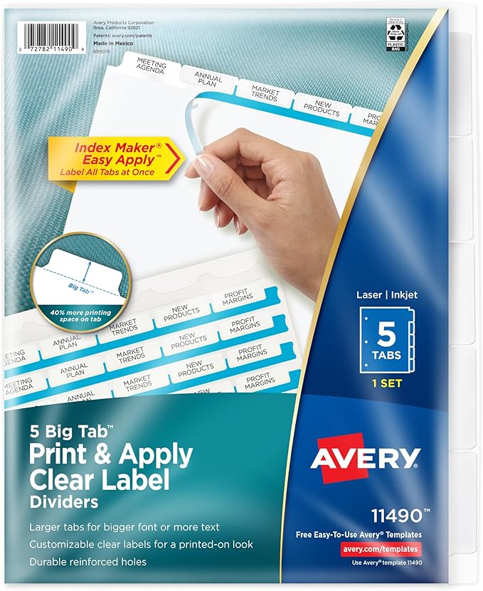 Avery 5 Big Tab Dividers for 3 Ring Binder, Easy Print & Apply Clear Label Strip, Index Maker Customizable White Tabs, 1 Set (11490)