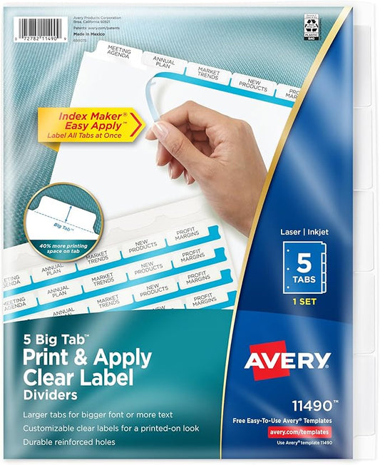 Avery 5 Big Tab Dividers for 3 Ring Binder, Easy Print & Apply Clear Label Strip, Index Maker Customizable White Tabs, 1 Set (11490)