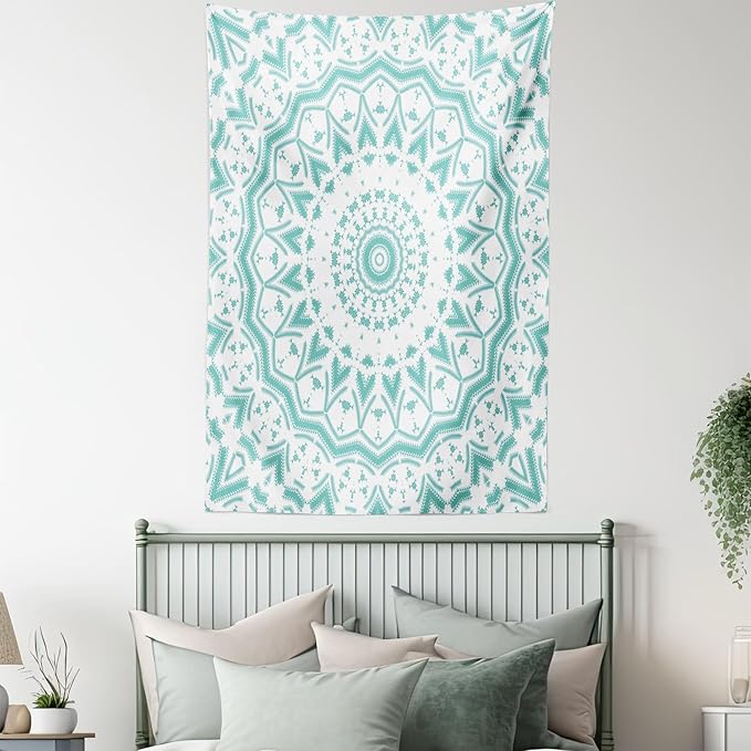 Ambesonne Aqua Tapestry, Mandala Tie Dye Effect Floral Leaves Seem Design Image Art Print, Wall Hanging for Bedroom Living Room Dorm Decor, 60" X 80", Sea Green White