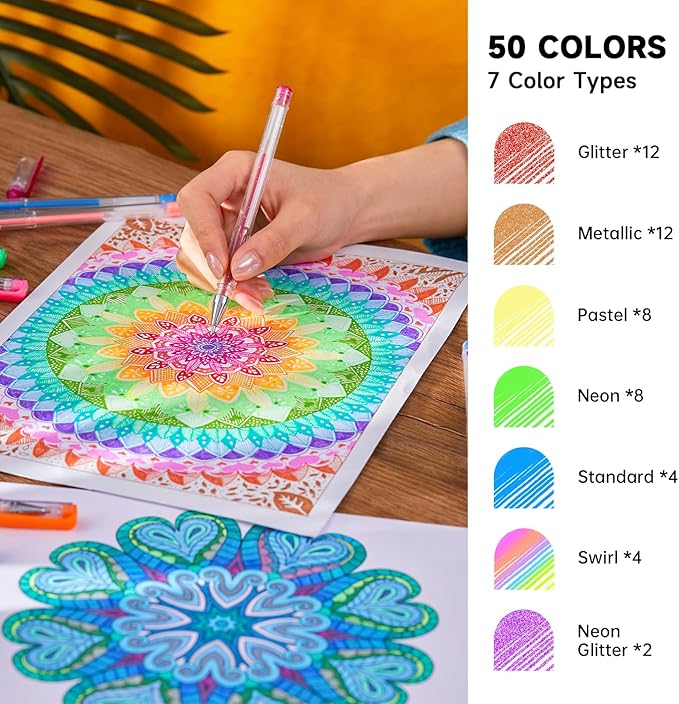 100 Pack Gel Pens Set, 50 Colors Gel Pens with 50 Refills Gel Pen Set for Adult Coloring Books Drawing Doodling Art Markers