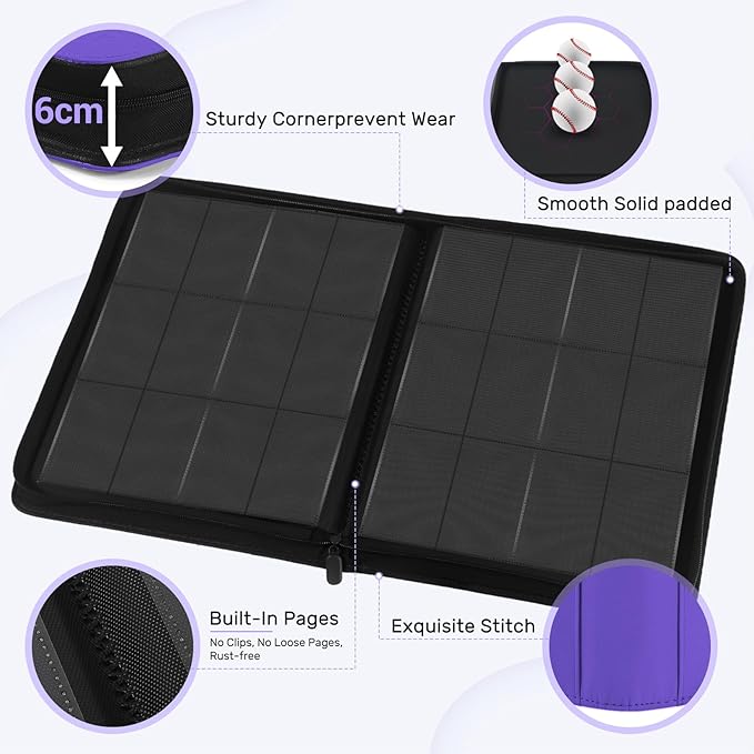 12 Pocket Card Binder, Zipper Trading Card Binder, 720 Large Capacity Side Loading Non-Ring Card Album, Double Sided Acid-Free Card Protector Binder, Card Collection for TCG, MTG, Sport Card, Purple