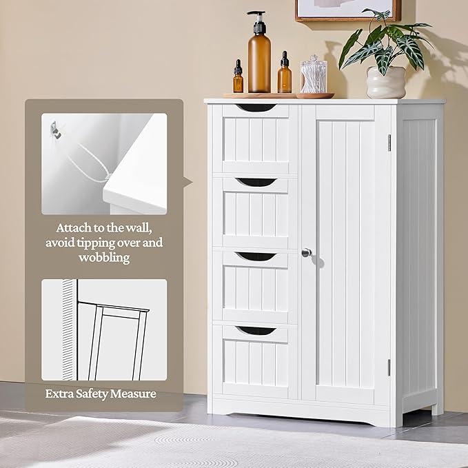 Yaheetech Wooden Floor Cabinet, Side Storage Organizer with 4 Drawers and 1 Cupboard, Freestanding Entryway Storage Unit Console Table, Bathroom Furniture Home Decor, White