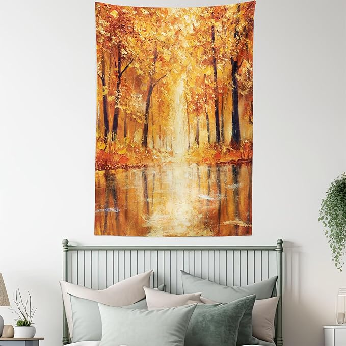 Ambesonne Country Tapestry Queen Size, Painting of a Forest by the Small Lake in Autumn Pale Fall Trees and Leaves Art, Wall Hanging Bedspread Bed Cover Wall Decor, 88" X 88", Orange Brown