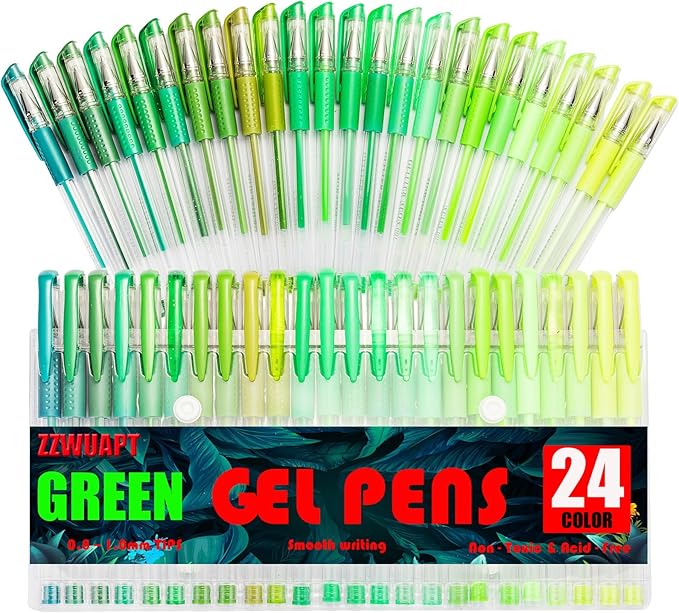 Green Gel Pens,72 Color Gel Pens Set including 24 Color Gel Pen with 48 Refills,40% More Ink Colored Gel Pens for Adult Drawing, Doodling, Scrapbook, Journaling